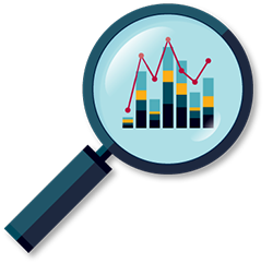 Magnified glass with chart and graph